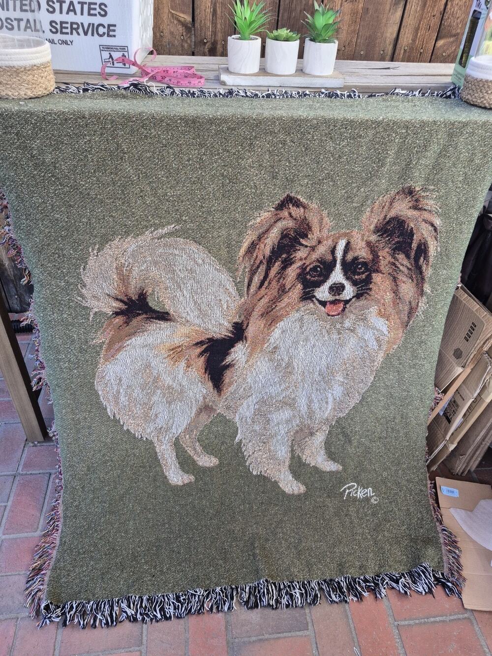 💥 Rare Vtg Linda Picken Papillion Dog Woven Tapestry Throw Blanket 48x60